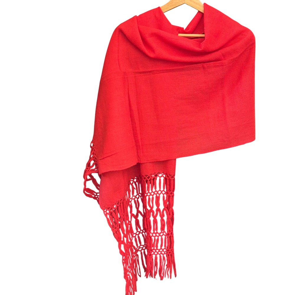 Vintage Coral Red Macrame Fringe Wrap Scarf Boho Artisan Folk Southwestern